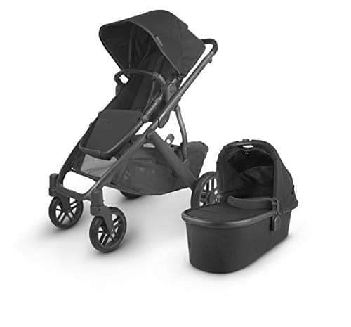 UPPAbaby Vista VStrollerConvertible Single To Double Stroller SystemBassinet,Toddler Seat,Bug Shield,Rain Shield,and Storage Bag IncludedJake (CharcoalCarbon FrameBlack Leather)