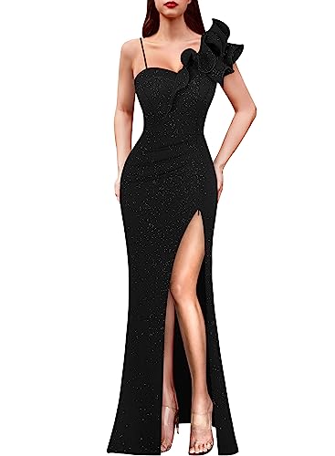 VFSHOW Womens Elegant Ruffle One Shoulder Strap Formal Prom Wedding Maxi Dress V Neck Ruched High Slit Cocktail Evening Glitter Long Gown (Black, Large) BLK L