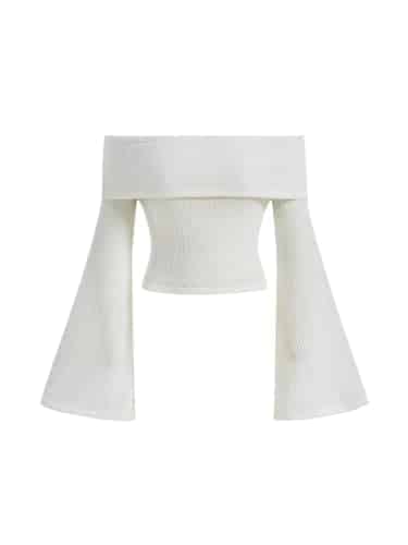 Verdusa Women's Off Shoulder Bell Long Sleeve Slim Fitted Crop Tee Top White L