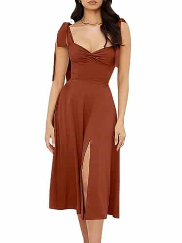 Volemo Womenâs Vintage Corset Dress Sweetheart Neckline Tie Strap Slit Sleeveless Swing Elegant Midi Party Cocktail Dress Brown XL