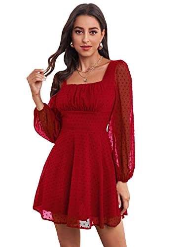 WDIRARA Women's Polka Dots Mesh Square Neck Bishop Sleeve Chiffon Dress Red Solid XS