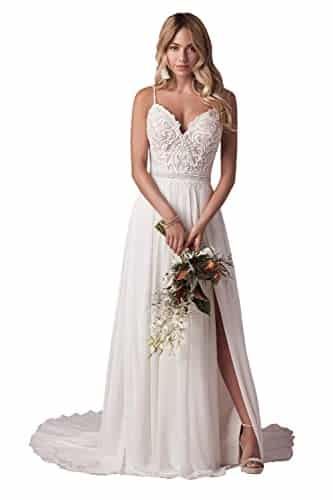 WaterDress Women's Lace Bodice Wedding Dresses with Train for Bride A Line Chiffon Beach Bridal Gowns with Slit White