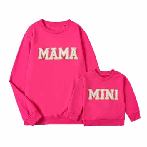 Winioder Mommy and Me Matching Outfits Letter Print Crewneck Pullover Sweatshirt Long Sleeve Shirt Tops Baby Clothes(Women,Matching Rose,Large)