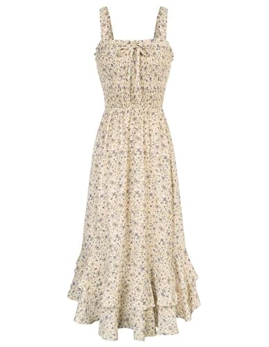 Women's Sleeveless Square Neck Floral Maxi Dresses Spring Summer Boho Sun Dress Beach Vacation Party Light Yellow S