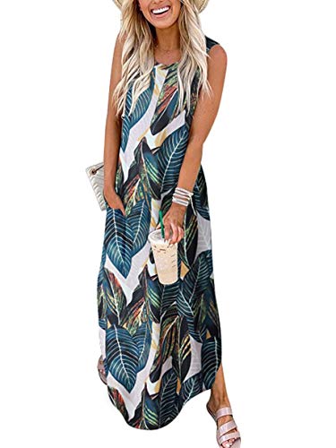 Women's Summer Maxi Dress Casual Loose Beach Long Tank Dress Split with Pockets Ashuye M