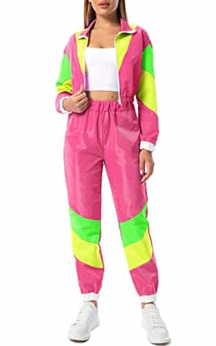 Yisfri Women Retro 's 's Piece Outfits Theme Party Track Suit Zipper Windbreaker Neon Costume Joggers Set (Pink, L)