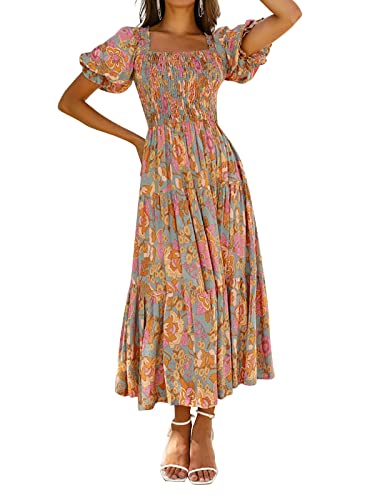 ZESICA Women's Summer Boho Floral Print Square Neck Ruffle Swing Beach Long Maxi Dress,GreyGreen,Small
