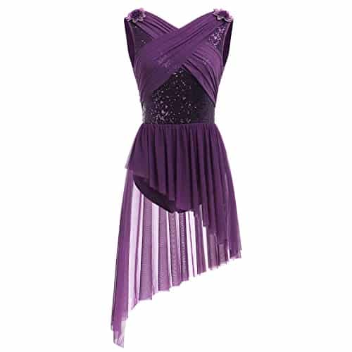 AFAVOM Women's Lyrical Dance Costume Sleeveless V Neck Sequin Flower Lyrical Dance Dress Asymmetric Flowy Mesh Tulle Skirt Contemporary Dance Costumes Ballet Leotard Dancewear