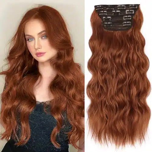 ALXNAN Clip in Long Wavy Synthetic Hair Extension PCS Inch Thick Hairpieces Cowboy Copper Hair Extensions for Women Girls
