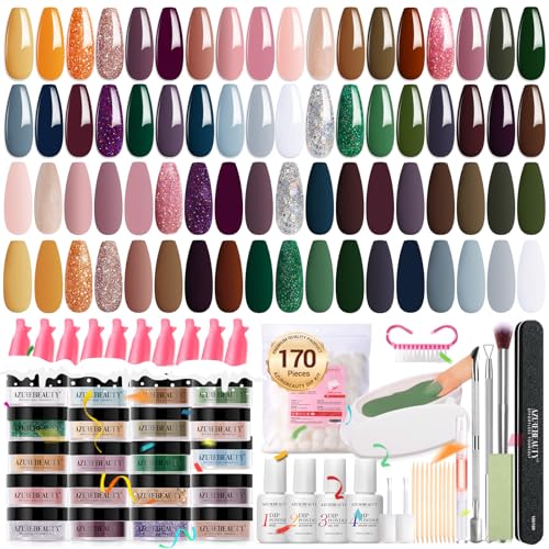 AZUREBEAUTY Pcs Dip Powder Nail Kit Starter Colors Dark Brown Green Glitter Fall Winter Dipping Powder with Dip Liquid Set + Nail Removal Accessories Set for Home Manicure Chr