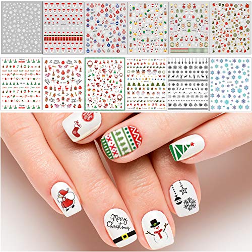 Adurself + Patterns Christmas Nail Art Decals Xmas D Nail Self Adhesive Stickers Santa Claus Reindeer Snowflakes Snowmen Christmas bells for Women Girls Kids DIY Nail Design Manicure