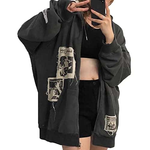 Alt Emo Clothes Women Oversized Zip Up Hoodies Rhinestone Yk Aesthetic Skeleton Sweatshirts Grunge Gothic Jacket Streetwear (XL,b)