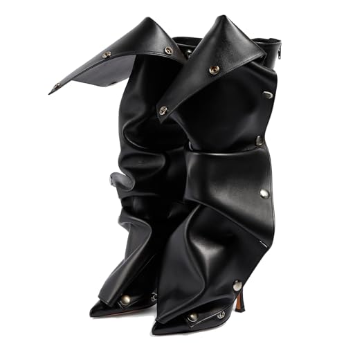 Arqa Womens Stiletto Heel Knee High Boots Pointed Toe Applique Denim Boot with Zipper Silver Buttons Fall Slouchy Boot Black