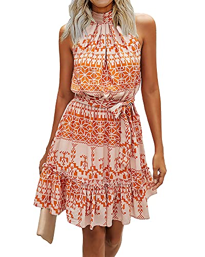 BTFBM Women Summer Halter Neck Dresses Sleeveless Casual Floral Polka Dot Print Short Boho Ruffle Sundress(Color Block Orange,Small)