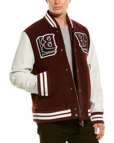 BURBERRY Mens Leather Trim Wool Blend Bomber Jacket, , Brown