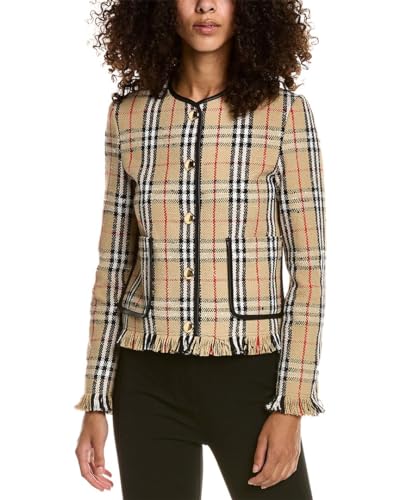 BURBERRY Womens Vintage Check Boucle Collarless Leather Trim Wool Blend Jacket, , Beige