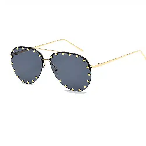 BVAGSS Women Rimless Oversized Studded Sunglasses Gradient Color Lens Rivet Fashion Lightweight Design WS(Gold Frame, Gray)