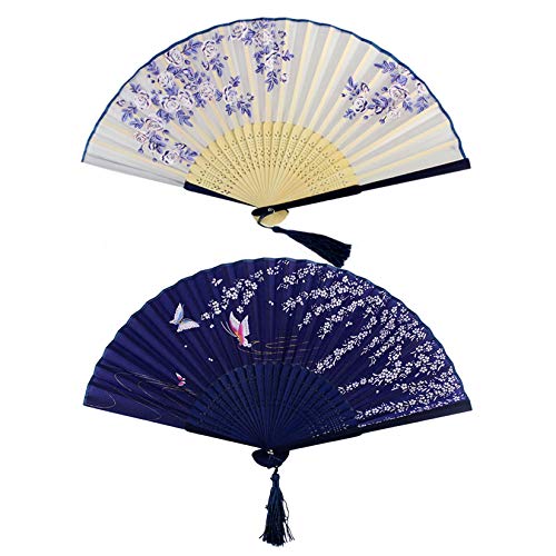 Bantoye Pieces Handheld Fans, Silk Folding Fans with Bamboo Frames for Dancing Cosplay Wedding Party Props Decoration, White Blue