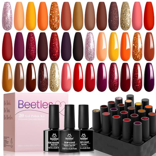 Beetles Pcs Gel Nail Polish Kit Winter Colors with Base Gel Top Coat New Year Gift Set, Colors Orange Brown Burgundy Red Gel Polish Set Soak off Uv Golden Glitter Holiday Nail