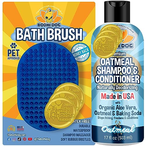 Bodhi Dog Shampoo Brush and Oatmeal Shampoo & Conditioner Bundle  Pet Shower & Bath Supplies for Cats & Dogs  Dog Grooming Quality Dog Wash Brush for Long & Short Hair Dog Scrubber for Bath