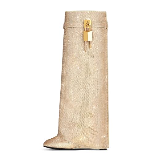 CAGLGLZ Womens Knee High Heeled Boots Glitter Rhinestone Folding Wedge Boots for women Padlock Pointed Toe Pull On Party Boots(,apricot)