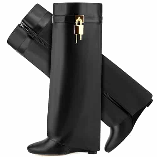 CDHYX Fold Over Boots for Women Pointy Pull on Wedge Heel Knee Shark Boot With Side Zipper Padlock Design (Black )