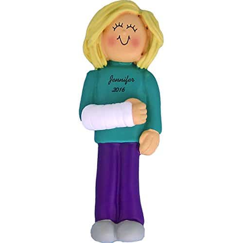 Cast on Arm Personalized Christmas Ornament   Female   Blonde Hair   Handpainted Resin   Tall   Free Customization by Calliope Designs