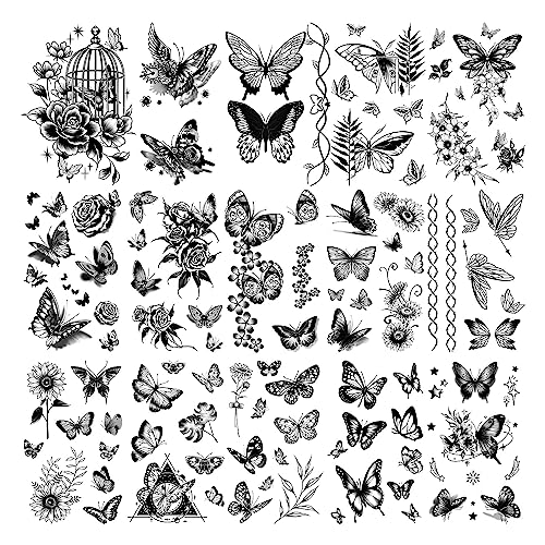 Cerlaza Sheets Small Butterfly Temporary Tattoos for Women, Styles Black Butterflies Tattoo Stickers Waterproof Long Lasting, Butterfly Themed Decorations Gifts for Girls Kids