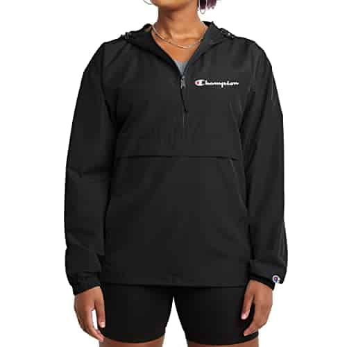 Champion Windbreaker, Packable, Wind and Water Resistant Jacket for Women, Black Small Script, X Large