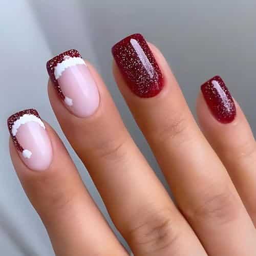 Christmas French Tips Press On Nails Short Square, Pcs Christmas Fake Nails Cute Christmas Hat Designs Stick On Nails Christmas Nail Accessories Decorations for Women Girls
