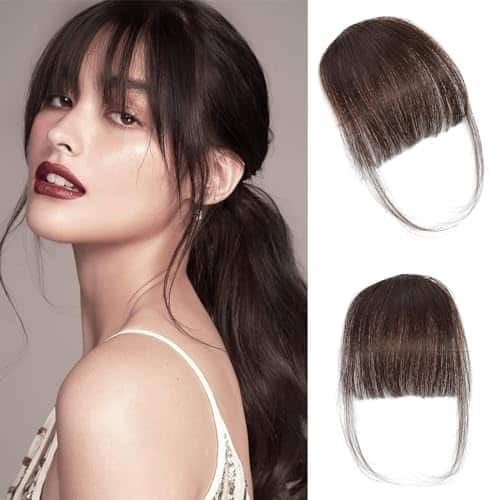 Clip In Bangs Fake Bangs Hair Clip Dark Brown Clip On Bangs Real Human Hair Air Curtain Bangs For Women Clips Wispy Bangs Hair Extensions Fringe With Temples Hairpieces Curved