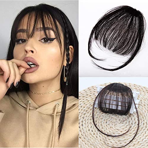 Clip in Bangs Human Hair French Bangs Thick Bangs Extensions Neat with Temples Clip on Air Bangs Hairpieces (Air Bangs, Jet Black)
