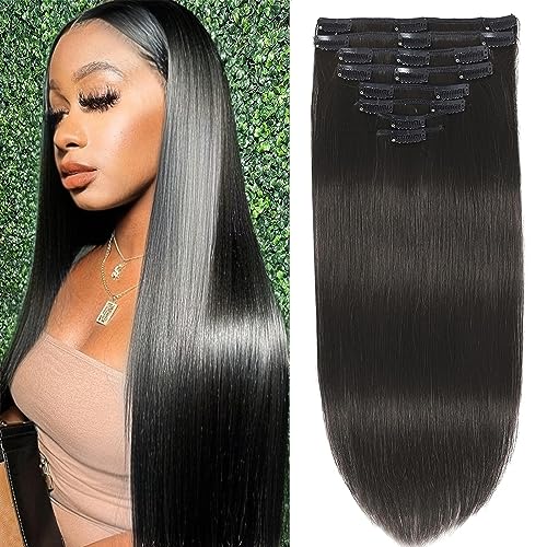 Clip in Hair Extensions Real Human Hair Clip ins Remy Human Hair Clip in Extensions Black Women Invisible Natural Straight Seamless Clip on Hair Extensions pcs Double Weft #B Inch ozg