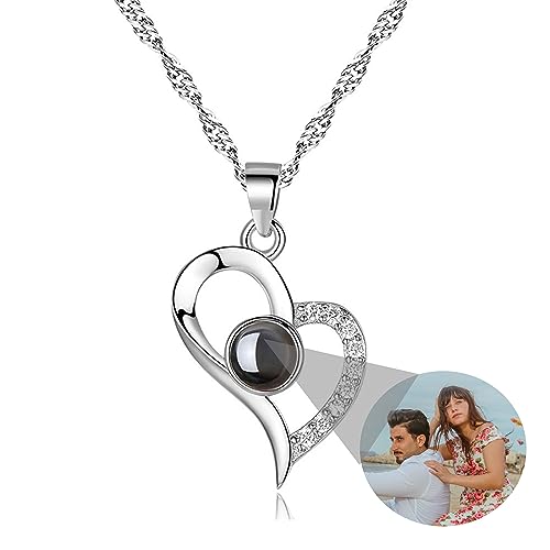 Custom Photo Necklace with Picture Inside, Personalized Heart Photo Necklace, I Love You Necklace Languages Photo Pendant, Picture Projection Necklace for Girlfriend Wife Birthday Anniversary