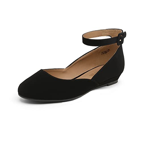 DREAM PAIRS Womens Low Wedge Ankle Strap Casual Flats Shoes, Black Nubuck   (Revona)