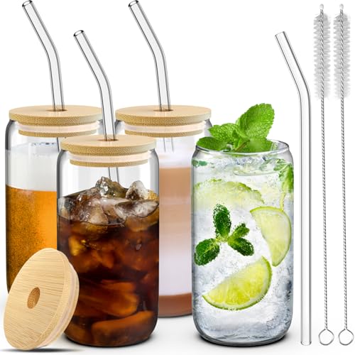 Dealusy Glass Cups with Lids, Straws, and Brushes   oz Drinking Cup Set with Bamboo Lids and Straws for Iced Coffee, Tumblers with Straw and Lid
