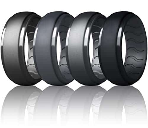 Dookeh Breathable Mens Silicone Wedding Rings, Rubber Ring Bands For Men, Black Blue Camo Engagement Band, Best for Workout, Pack ( Titanium,Dark Gray,Cast Iron,Black, )