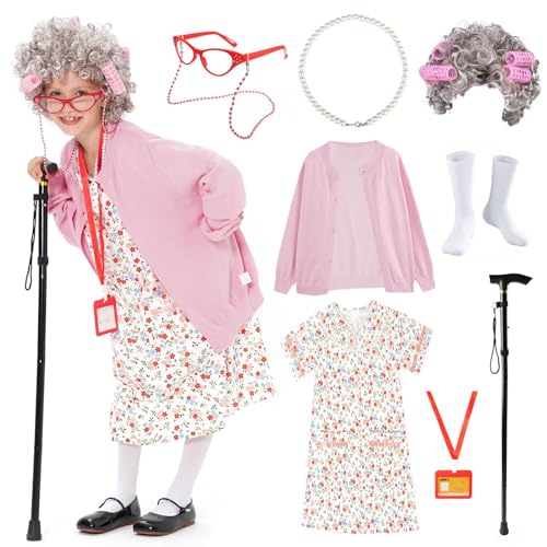 FAYBOX pcs Old Lady Costume for Kids,Days of School Costume Old Lady Wig for Girls,Halloween Granny Grandma Dress Up