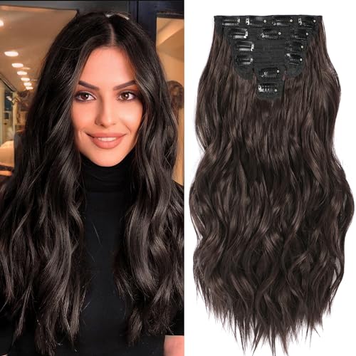 Fliace Clip in Hair Extensions, PCS Natural & Soft Hair & Blends Well Hair Extensions, Dark Brown Long Wavy Hairpieces(inch, pcs, Dark Brown)