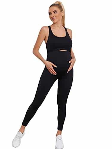 Floerns Women's Maternity Piece Outfit Scoop Neck Crop Tank Top Legging Set Black M