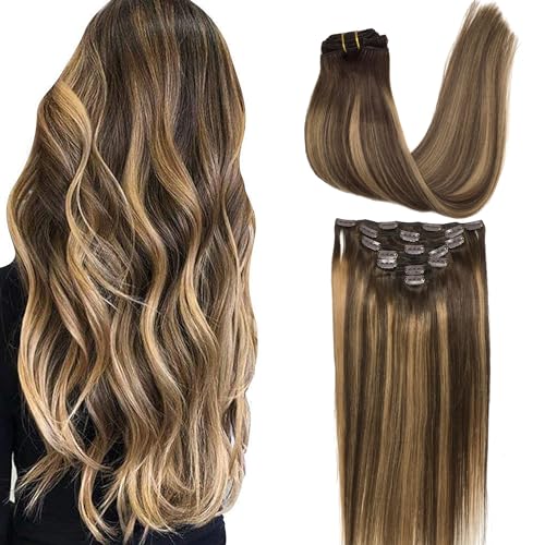 GOO GOO Clip in Hair Extensions for Women, Soft & Natural, Handmade Real Human Hair Extensions, Chocolate Brown to Caramel Blonde, Long, Straight #(), pcs g inches
