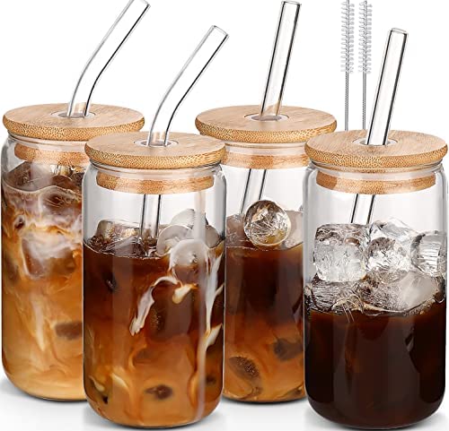 Glass Cups oz,Glass Cups with Lids and Straws pcs DWTS Coffee cups,Drinking glasses set,Glass tumbler with straw and lid gift Cleaning Brushes
