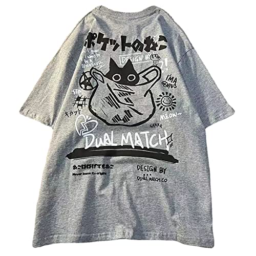 Gothic Oversized Printed T Shirt Harajuku Street Trend Men and Women's Personality Loose Print Punk Short Sleeve (Grey,XXL)