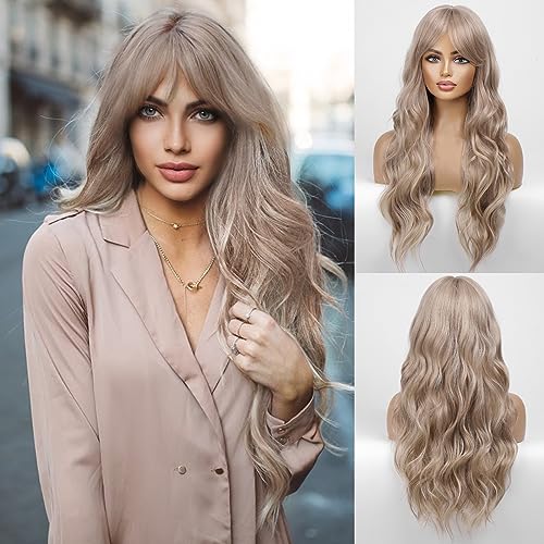 HAIRCBE Long Ash Blonde Wig with Curtain Bangs Ash Platinum Blonde Wigs for Women Curly Synthetic Wig for Daily Use
