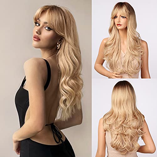 Honygebia Blonde Wig with Bangs   Long Wavy Ombre Curtain Bang Wigs for White Women, Light Ash Blond Dark Roots Synthetic Heat Resistant Hair, Natural Cute Strawberry Wigs for HalloweenChristmas
