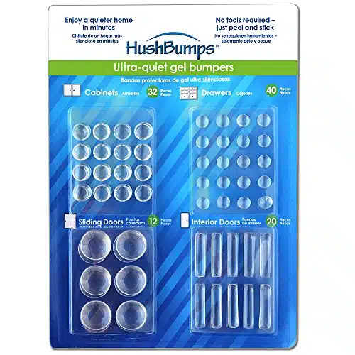 HushBumps Ultra Quiet Gel Bumpers. Piece Value Pack. Contains Cabinet, Door, Sliding Door & Drawer Bumpers. Just Peel & Stick!