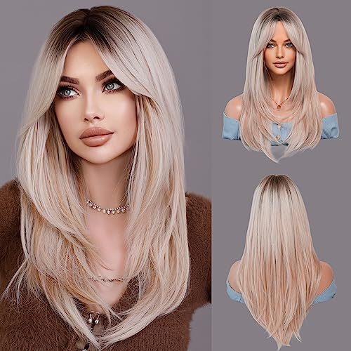 JHH WIGS Long Wavy Wig with Curtain Bangs, Blonde Highlight Layered Wig with Dark Roots Synthetic High Density Heat Resistant Hair Straight Wig for Daily Party Inches