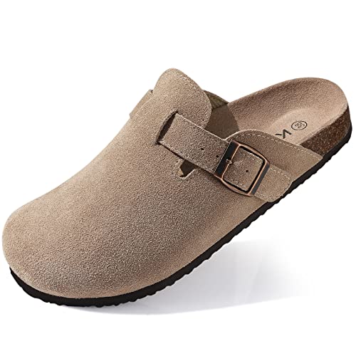 KIDMI Women's Suede Clogs Leather Mules Cork Footbed Sandals Potato Shoes with Arch Support Taupe