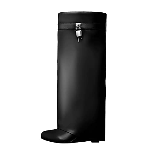 Kluolandi Fold Over Wedge Boots for Women Wide Calf Padlock Knee High Boots Fashion Over The Knee Pull On Boots Black