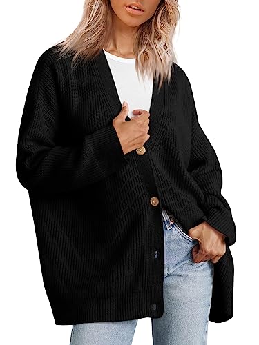 LILLUSORY Women's Winter Cardigan Sweaters Open Front Oversized Button Lightweight Sweater V Neck Loose Cardigans Knit Outwear Black